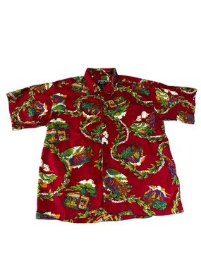 Men's Red Vintage Hawaiian Print Button-Up Shirt